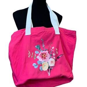 Upcycled Hand Printed Pink Peony Floral Bouquet Cotton Canvas Bag w Pockets